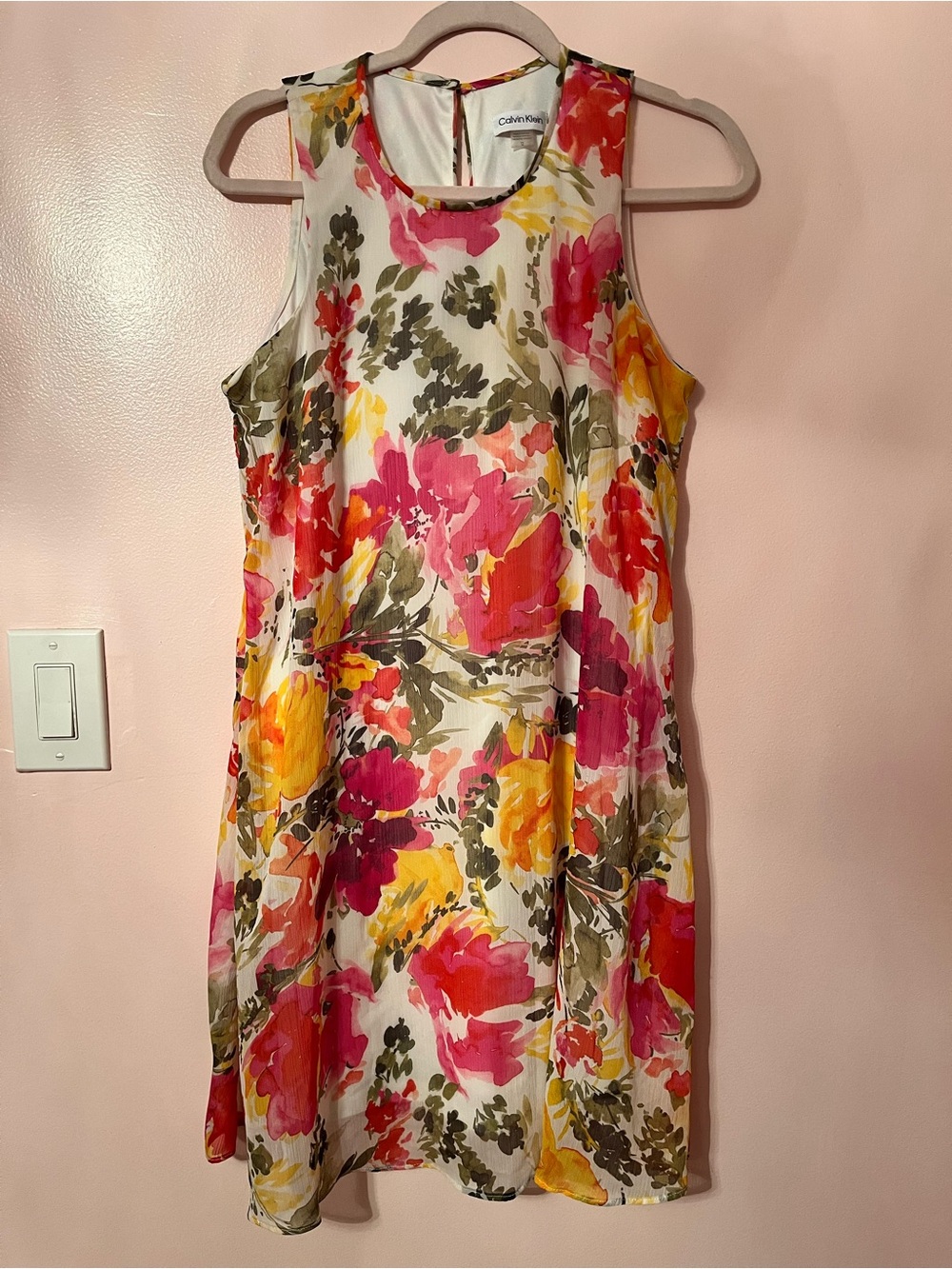 Calvin Klein Bright Floral Sleeveless Mini Dress - Pink, Yellow, Olive